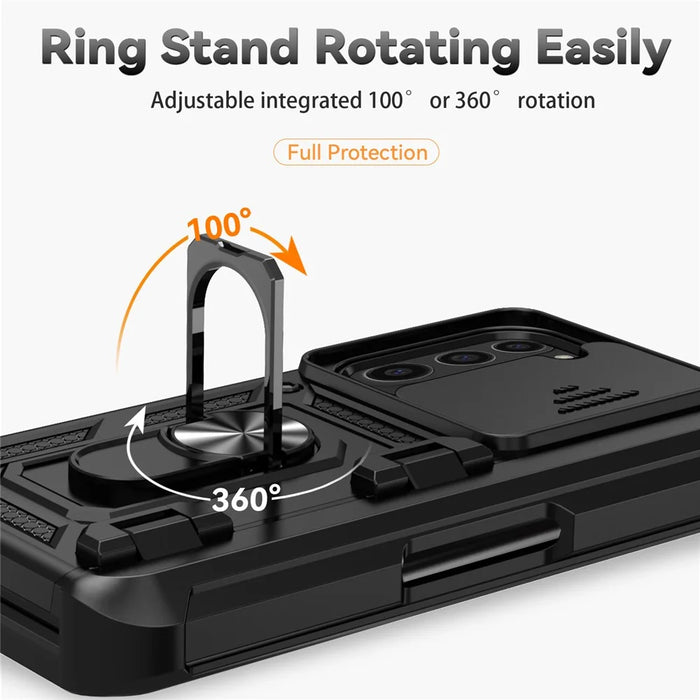 For Samsung Galaxy Z Fold6 5G Case Camera Protection PC+TPU Phone Cover Finger Ring Holder Kickstand - Black - 6