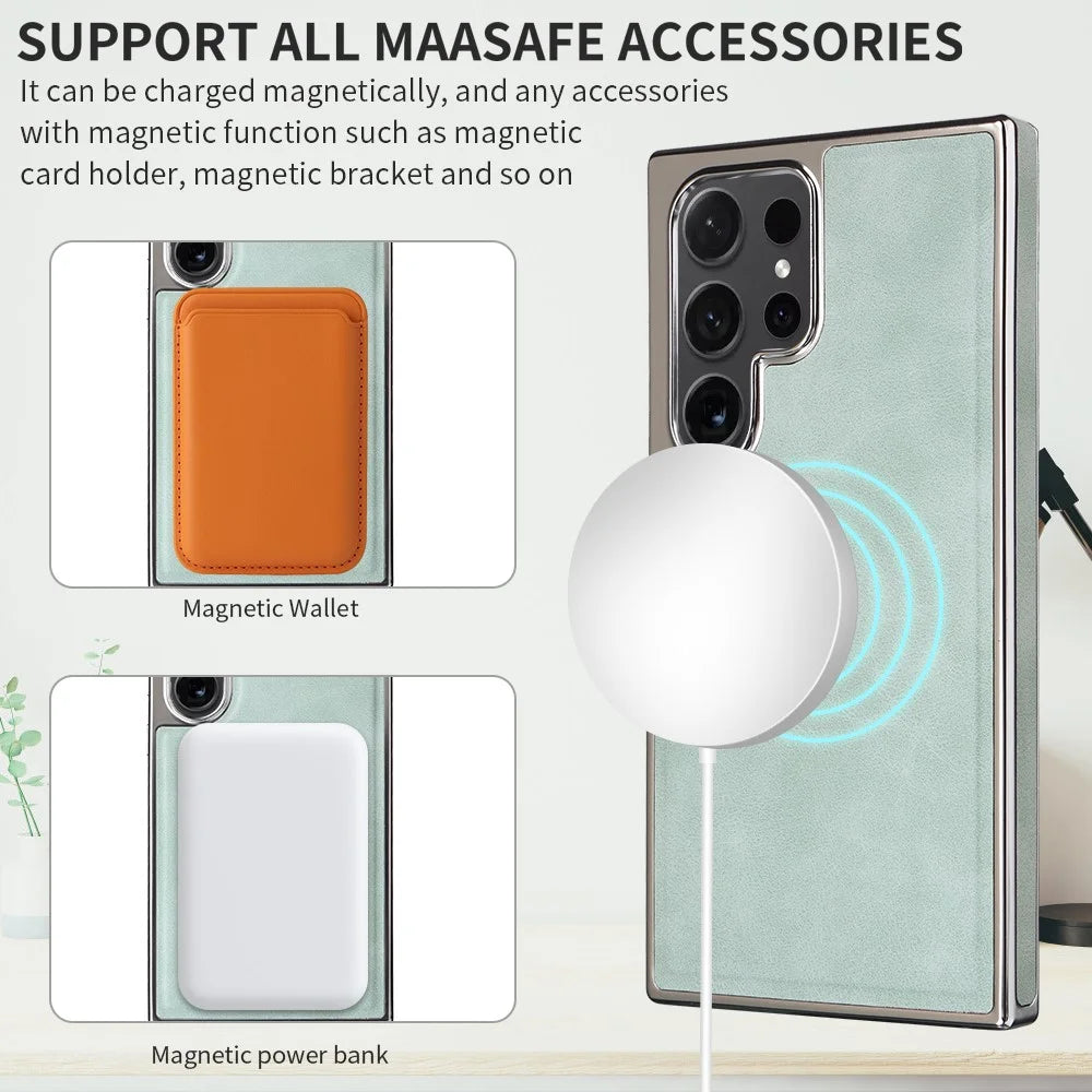 For Samsung Galaxy S22 Ultra 5G Magnetic Case PU Leather Back Cover - Green - 2