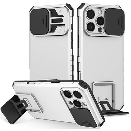 For iPhone 16 Pro Max Case Camera Slider PC + TPU Phone Cover with Kickstand - White - 1
