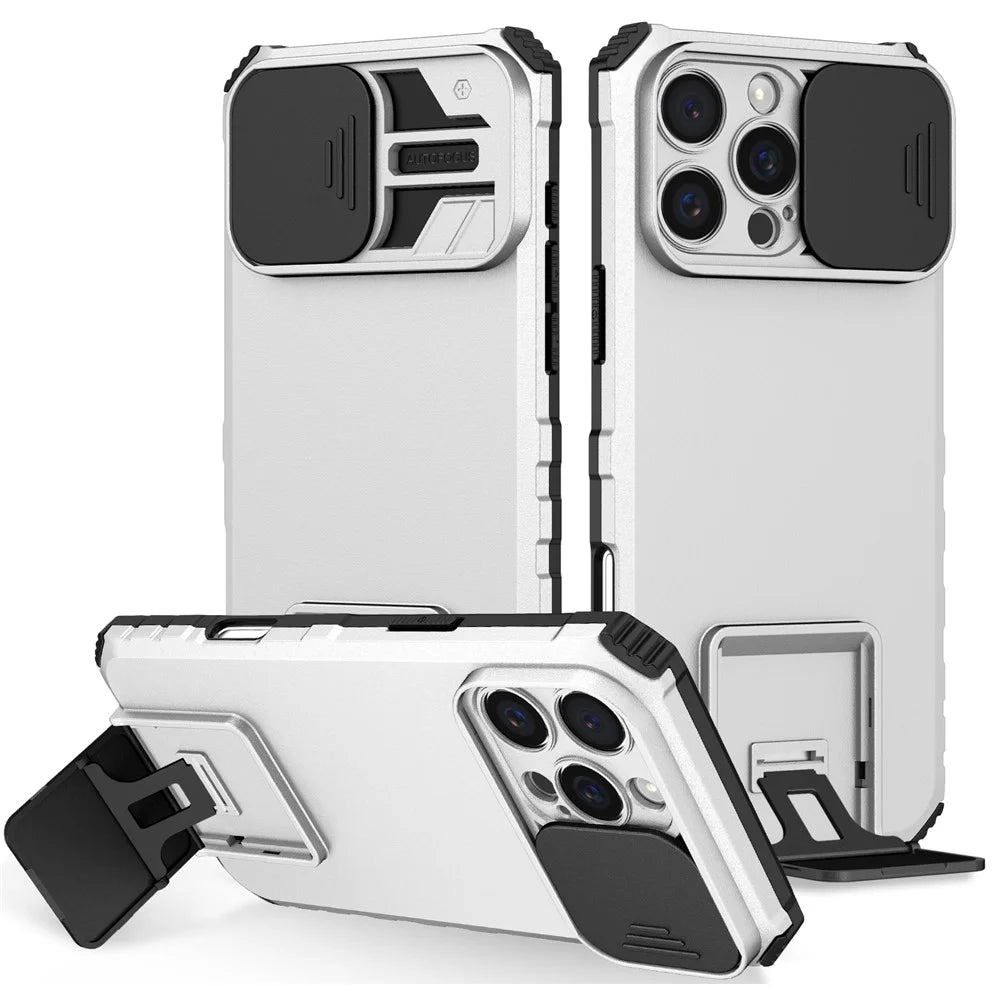For iPhone 16 Pro Max Case Camera Slider PC + TPU Phone Cover with Kickstand - White - 1