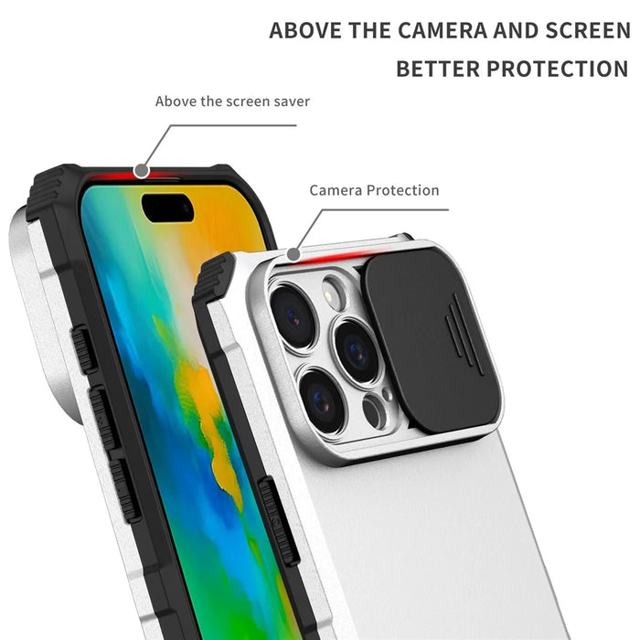 For iPhone 16 Pro Max Case Camera Slider PC + TPU Phone Cover with Kickstand - White - 5