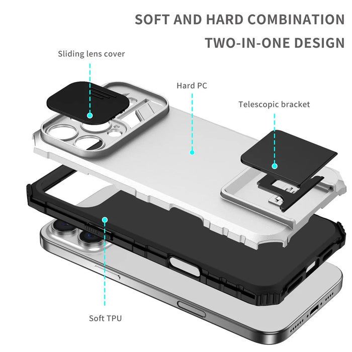 For iPhone 16 Pro Max Case Camera Slider PC + TPU Phone Cover with Kickstand - White - 6