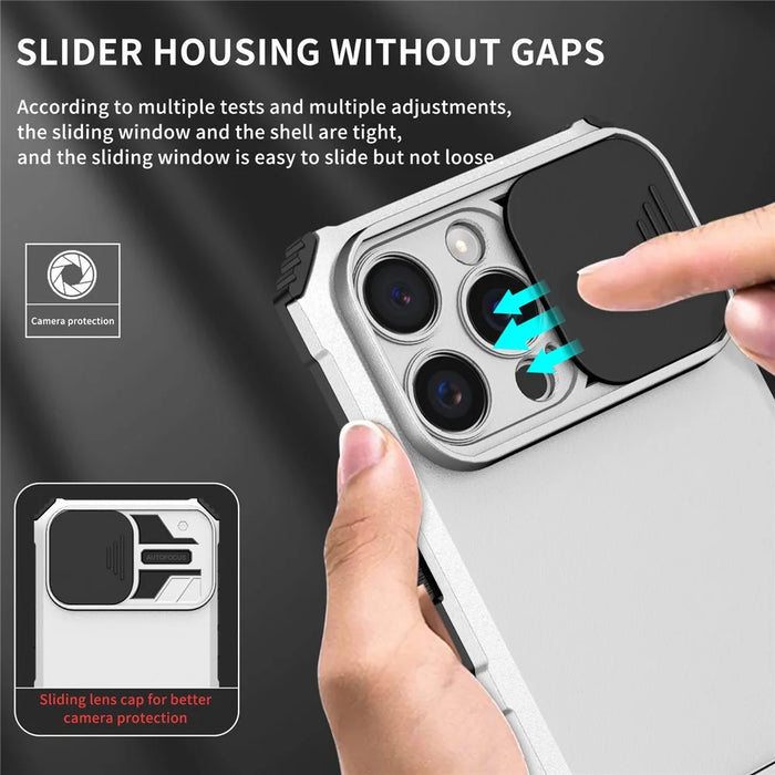 For iPhone 16 Pro Max Case Camera Slider PC + TPU Phone Cover with Kickstand - White - 7