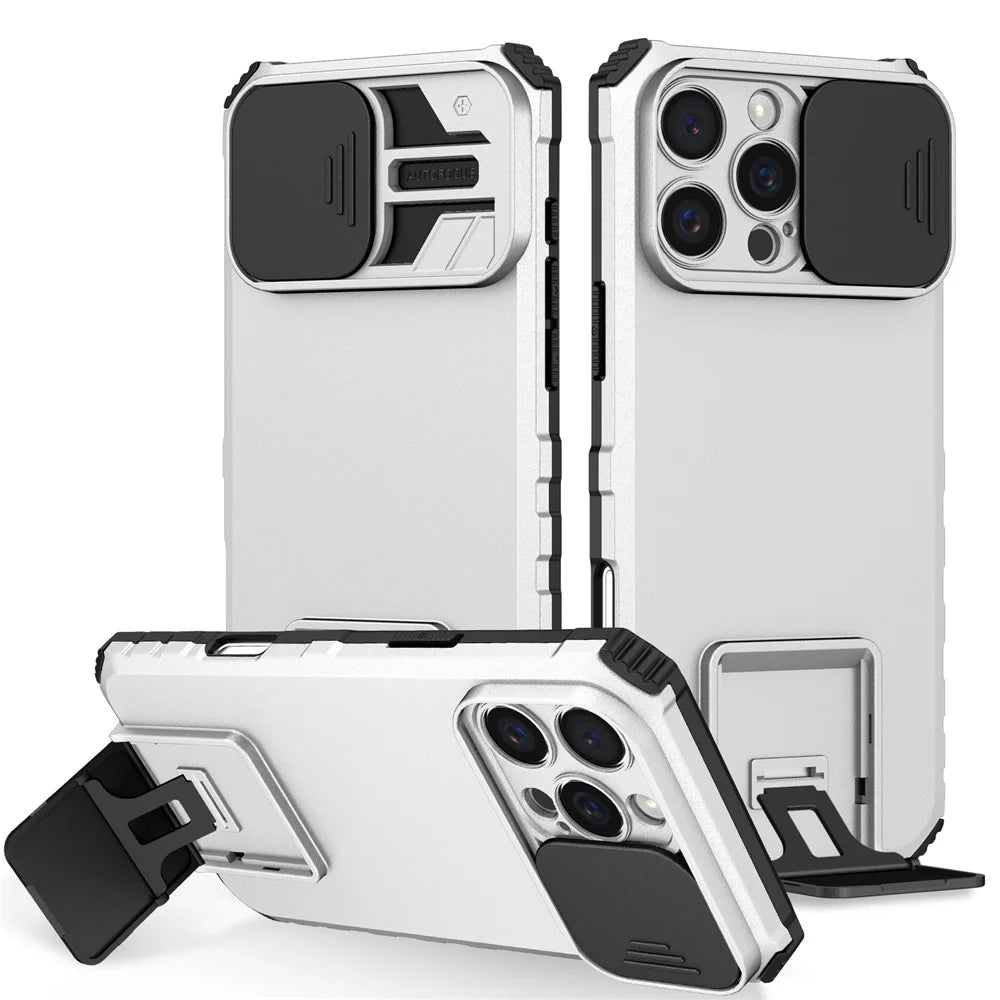For iPhone 16 Pro Case Camera Slider PC + TPU Phone Cover with Kickstand - Silver - 1