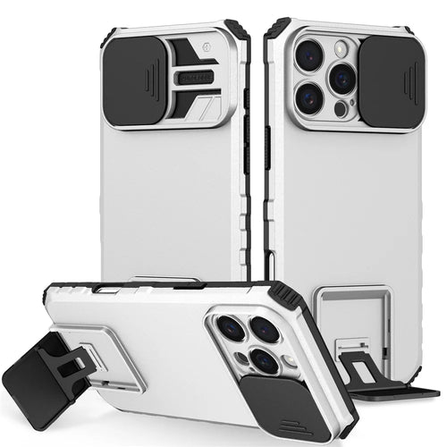 For iPhone 16 Pro Case Camera Slider PC + TPU Phone Cover with Kickstand - Silver - 1
