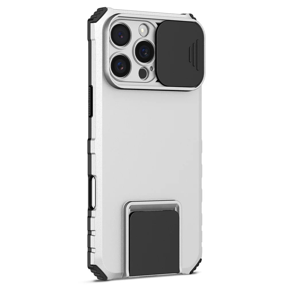 For iPhone 16 Pro Case Camera Slider PC + TPU Phone Cover with Kickstand - Silver - 2