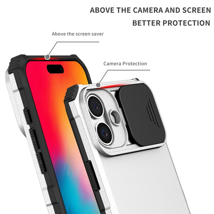 For iPhone 16 Plus Case Camera Slider PC + TPU Phone Cover with Kickstand - Silver - 6