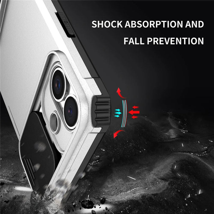 For iPhone 16 Plus Case Camera Slider PC + TPU Phone Cover with Kickstand - Silver - 7