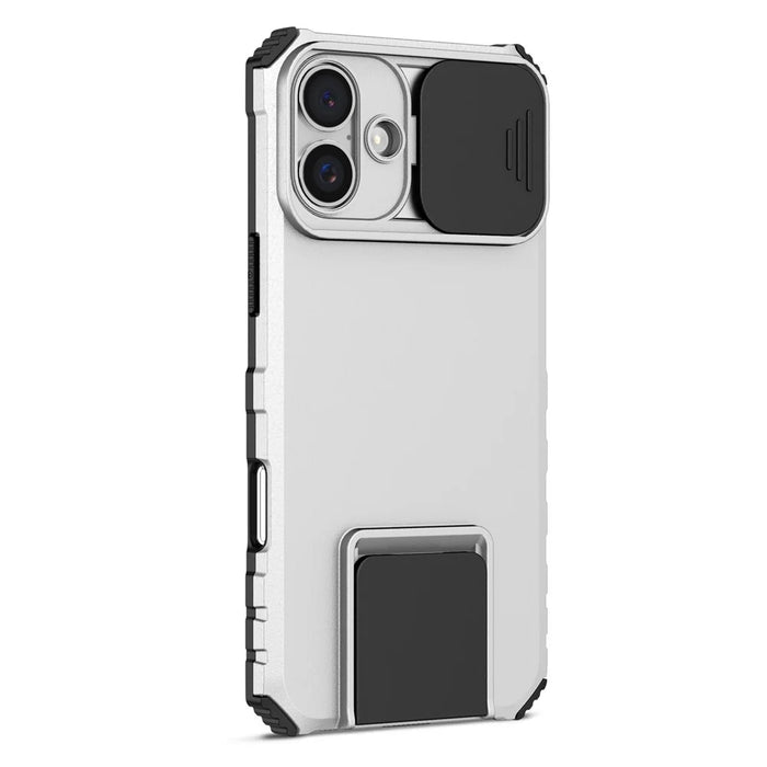 For iPhone 16 Case Camera Slider PC + TPU Phone Cover with Kickstand - Silver - 2