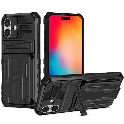 For iPhone 16 Plus Case with Card Holder PC + TPU Phone Back Cover Kickstand - Black - 1