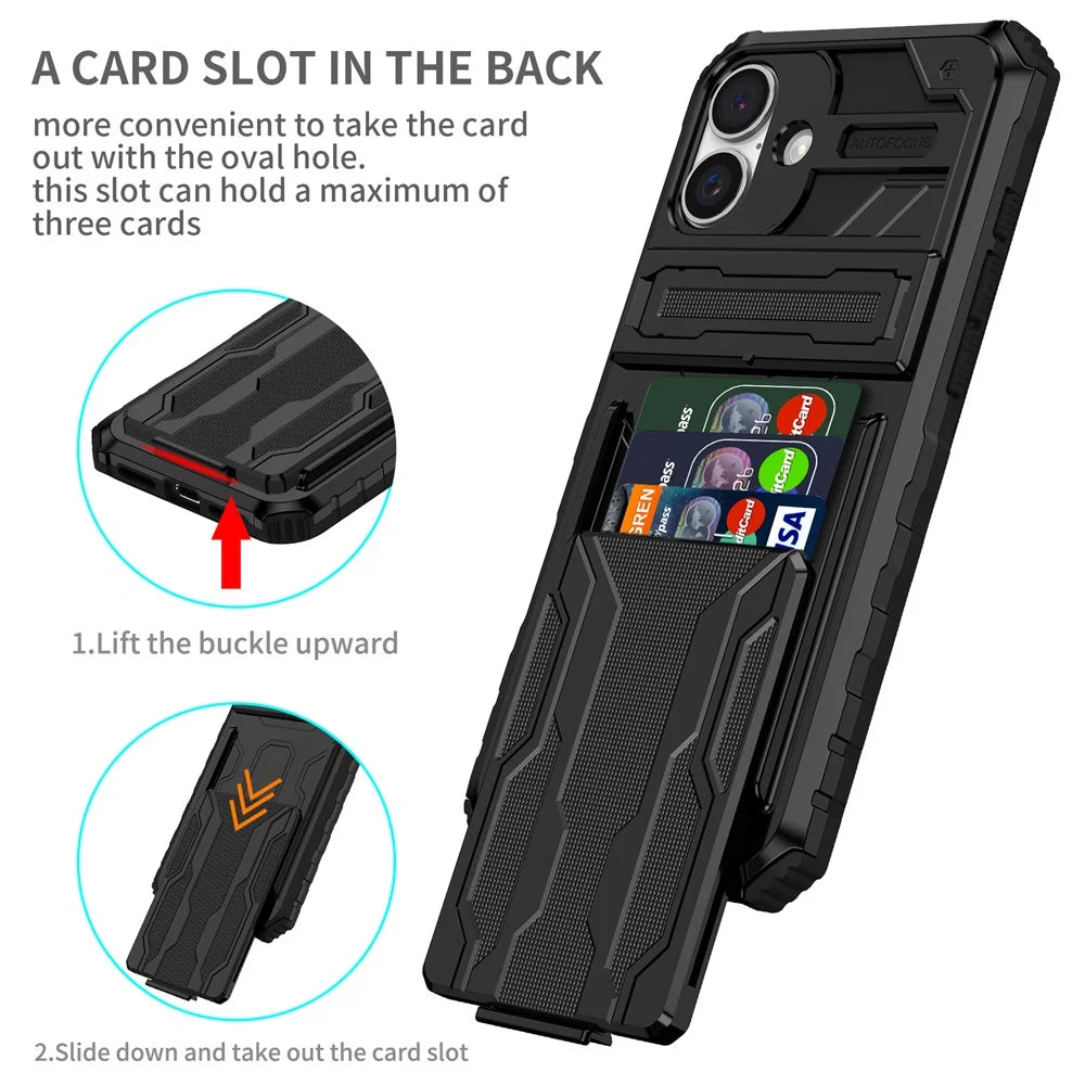 For iPhone 16 Plus Case with Card Holder PC + TPU Phone Back Cover Kickstand - Black - 2