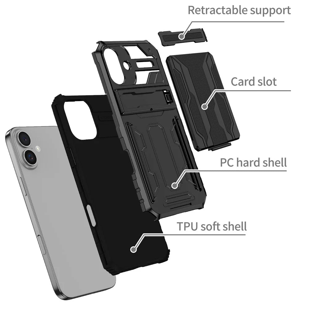 For iPhone 16 Plus Case with Card Holder PC + TPU Phone Back Cover Kickstand - Black - 3