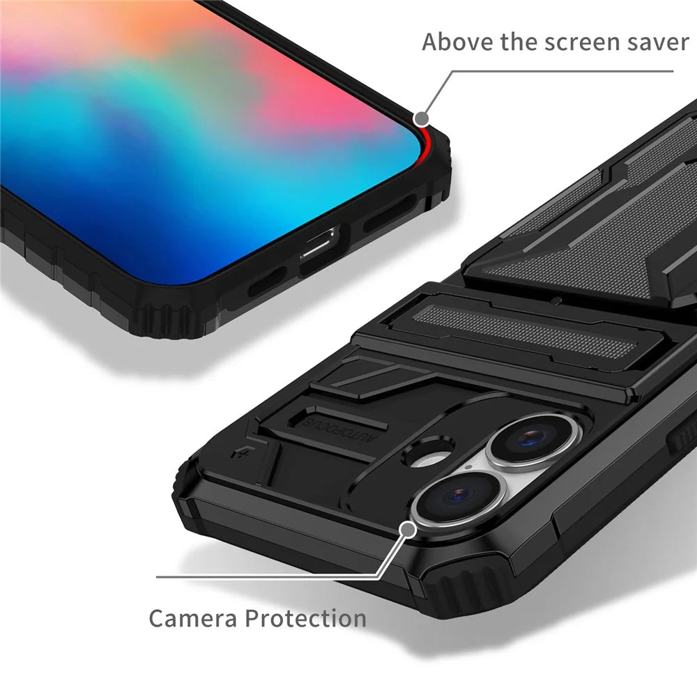 For iPhone 16 Plus Case with Card Holder PC + TPU Phone Back Cover Kickstand - Black - 4