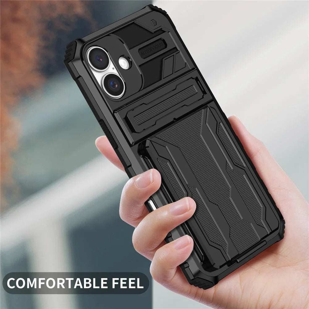 For iPhone 16 Plus Case with Card Holder PC + TPU Phone Back Cover Kickstand - Black - 5