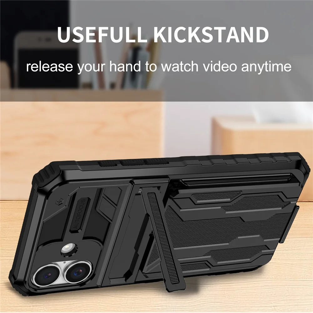 For iPhone 16 Plus Case with Card Holder PC + TPU Phone Back Cover Kickstand - Black - 7