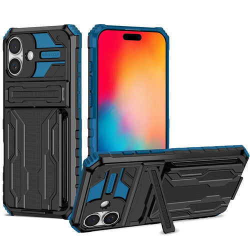 For iPhone 16 Case with Card Holder PC + TPU Phone Back Cover Kickstand - Blue - 1