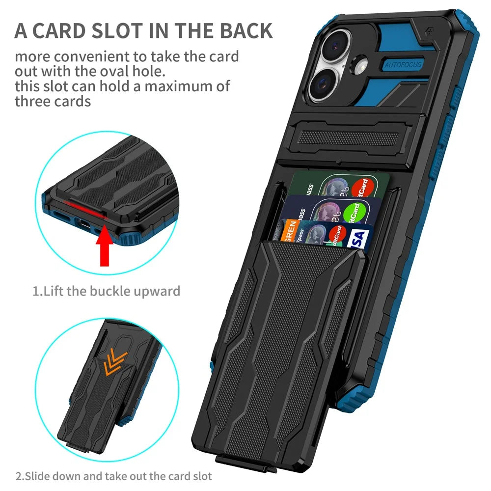 For iPhone 16 Case with Card Holder PC + TPU Phone Back Cover Kickstand - Blue - 2
