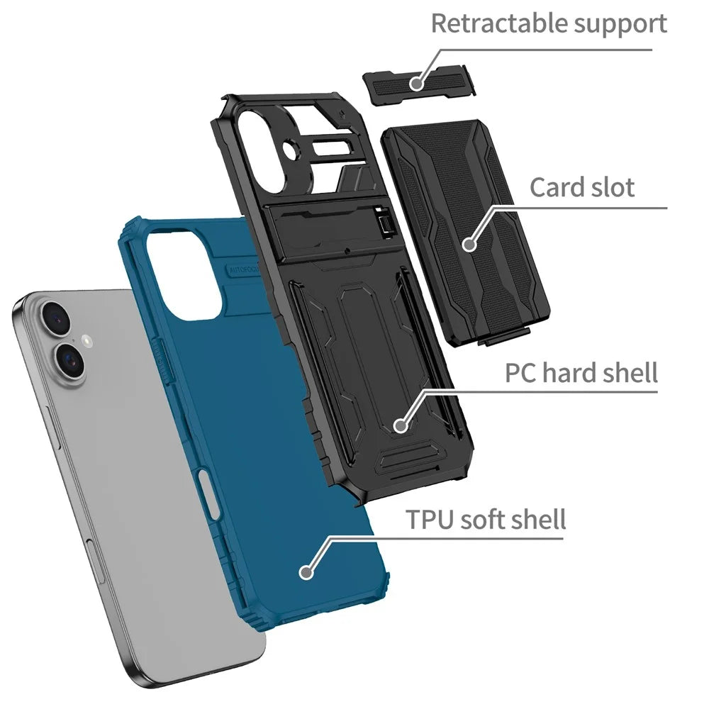 For iPhone 16 Case with Card Holder PC + TPU Phone Back Cover Kickstand - Blue - 3