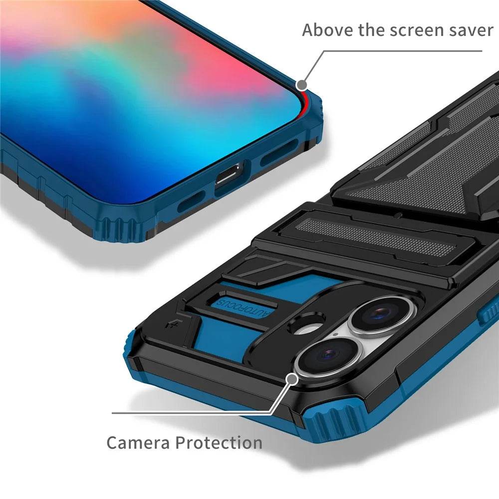 For iPhone 16 Case with Card Holder PC + TPU Phone Back Cover Kickstand - Blue - 4
