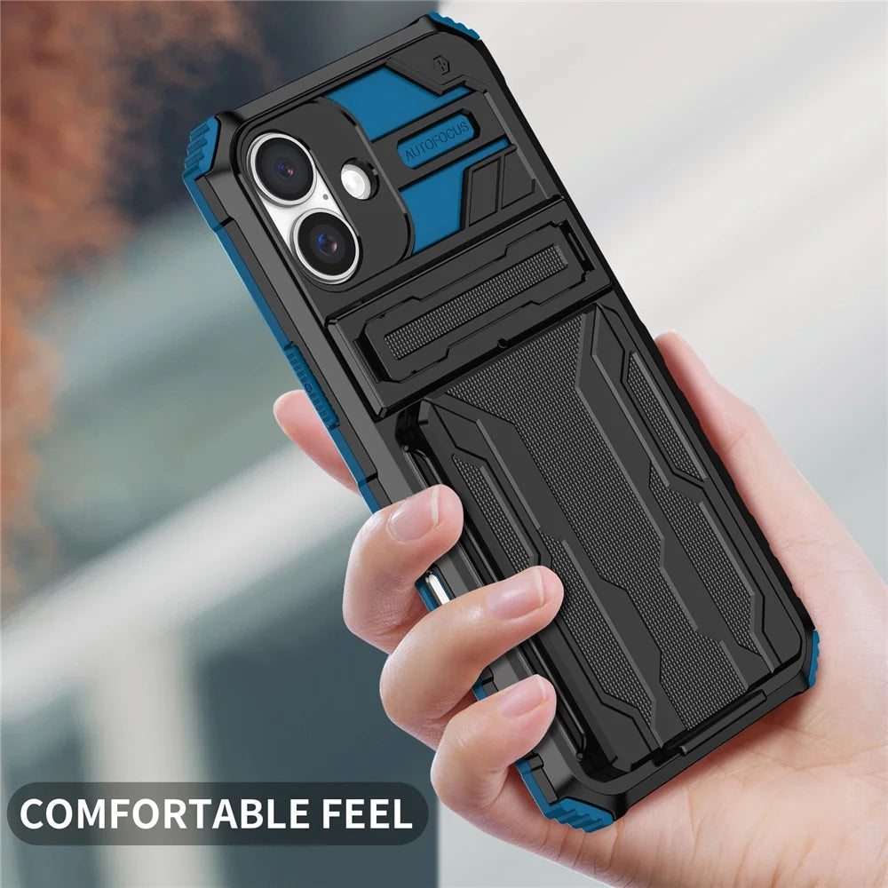 For iPhone 16 Case with Card Holder PC + TPU Phone Back Cover Kickstand - Blue - 5