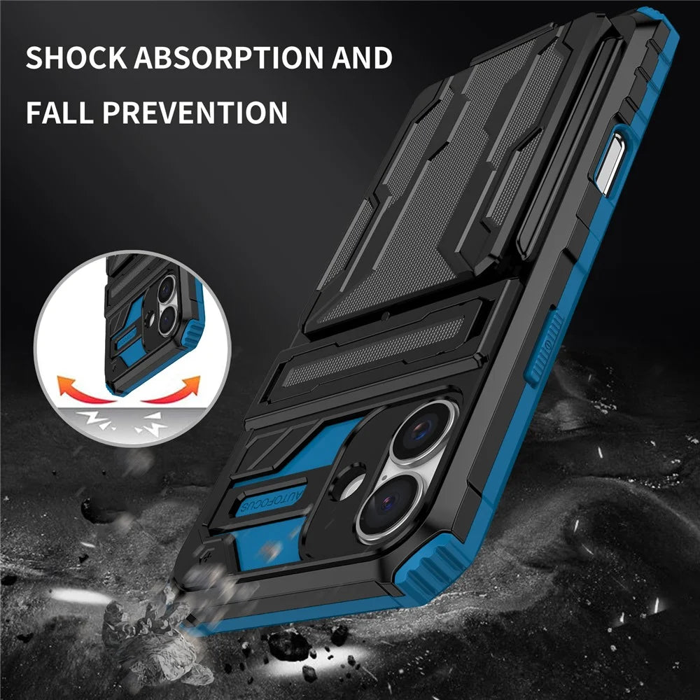 For iPhone 16 Case with Card Holder PC + TPU Phone Back Cover Kickstand - Blue - 6