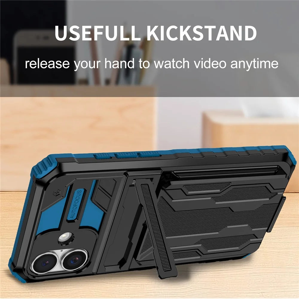 For iPhone 16 Case with Card Holder PC + TPU Phone Back Cover Kickstand - Blue - 7