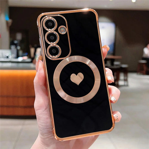 For Samsung Galaxy S23 FE Magnetic Case Soft TPU Phone Cover Side Love Heart Electroplating Edge - Black - 1
