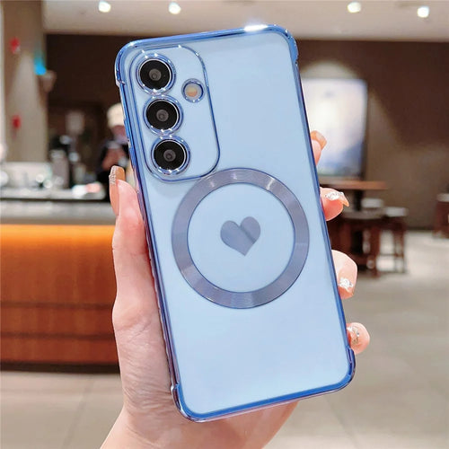 For Samsung Galaxy S24+ Magnetic Case Electroplated Design TPU Phone Cover Love Heart Pattern - Blue - 1
