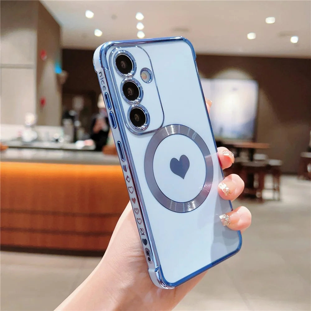 For Samsung Galaxy S24+ Magnetic Case Electroplated Design TPU Phone Cover Love Heart Pattern - Blue - 2