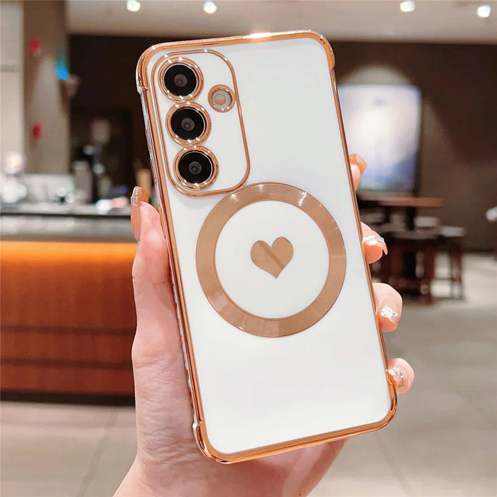 For Samsung Galaxy S24 Magnetic Case Aesthetic Love Heart Pattern TPU Phone Cover - Ivory White - 1