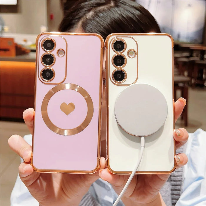For Samsung Galaxy S24 Magnetic Case Aesthetic Love Heart Pattern TPU Phone Cover - Ivory White - 3