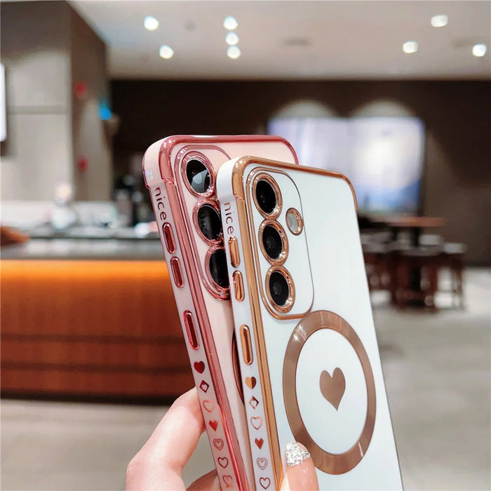 For Samsung Galaxy S24 Magnetic Case Aesthetic Love Heart Pattern TPU Phone Cover - Ivory White - 4