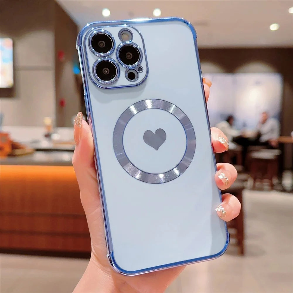 For iPhone 15 Pro Magnetic Case Love Hearts Electroplating TPU Phone Cover Camera Protection - Blue - 1