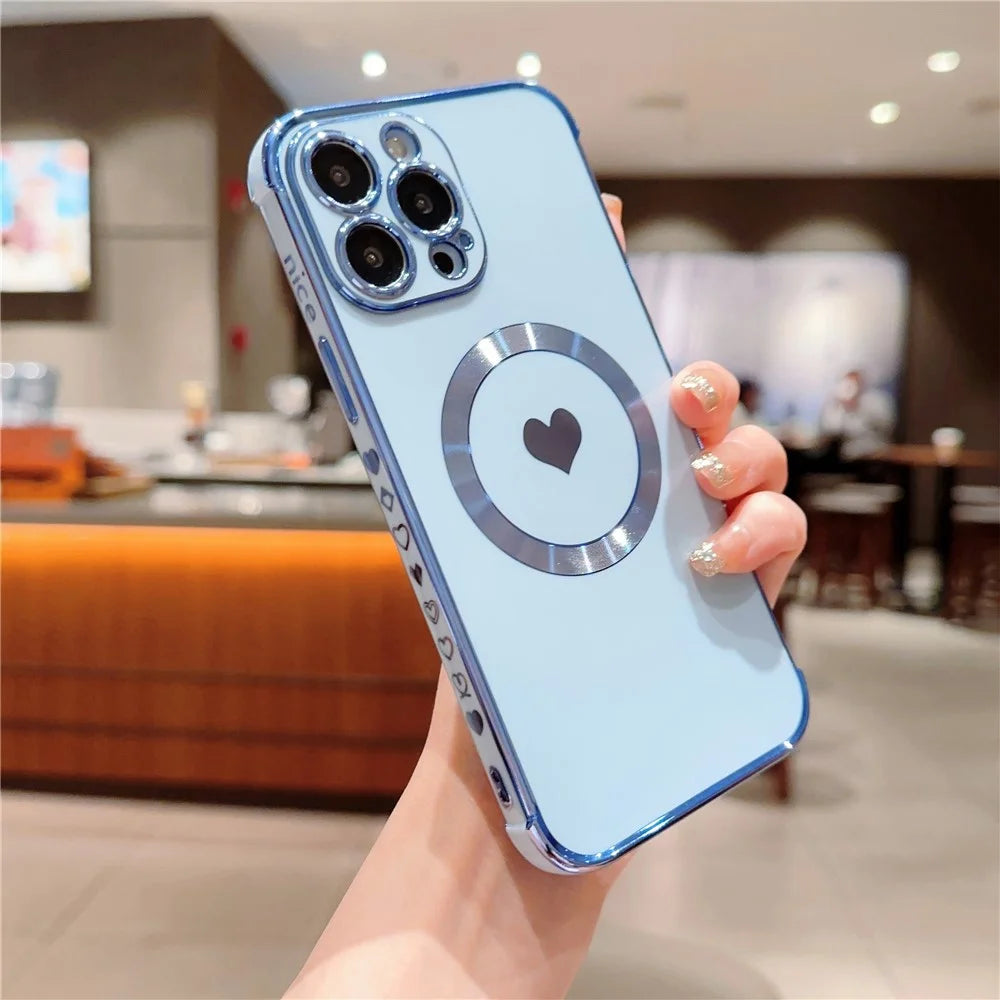 For iPhone 15 Pro Magnetic Case Love Hearts Electroplating TPU Phone Cover Camera Protection - Blue - 2