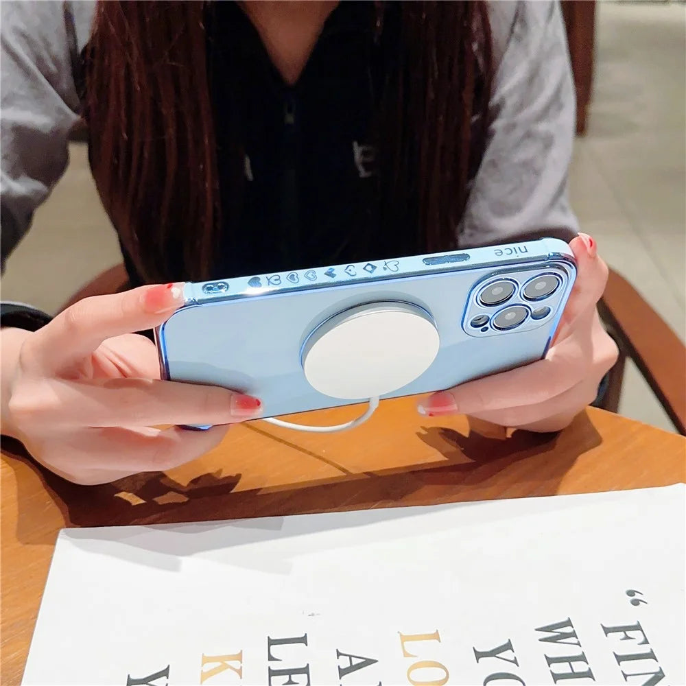 For iPhone 15 Pro Magnetic Case Love Hearts Electroplating TPU Phone Cover Camera Protection - Blue - 3