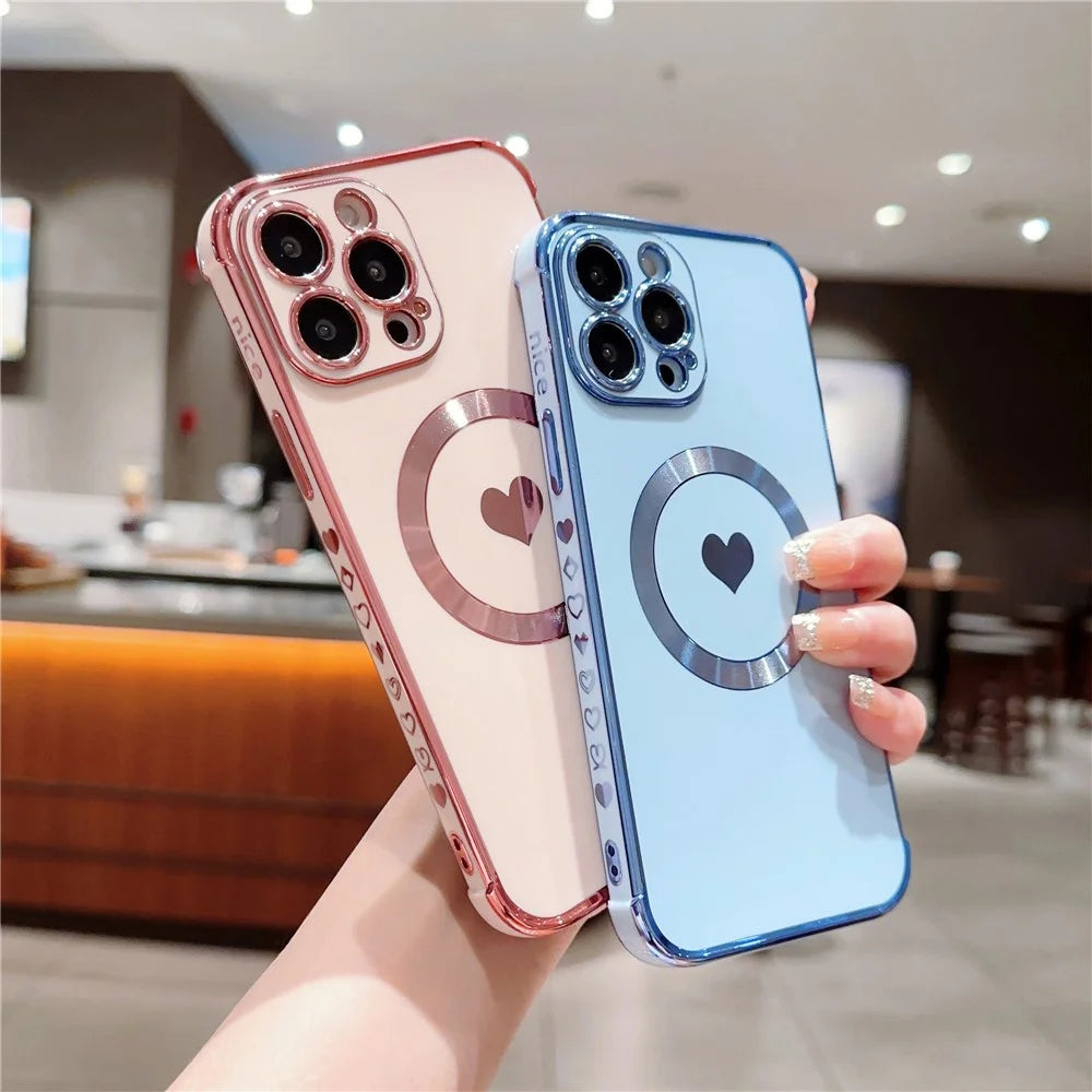 For iPhone 15 Pro Magnetic Case Love Hearts Electroplating TPU Phone Cover Camera Protection - Blue - 4