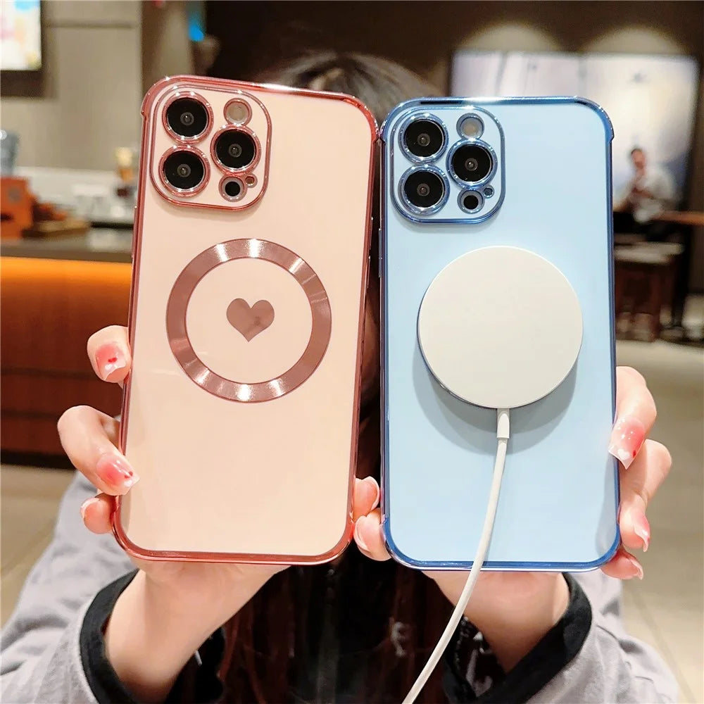 For iPhone 15 Pro Magnetic Case Love Hearts Electroplating TPU Phone Cover Camera Protection - Blue - 5