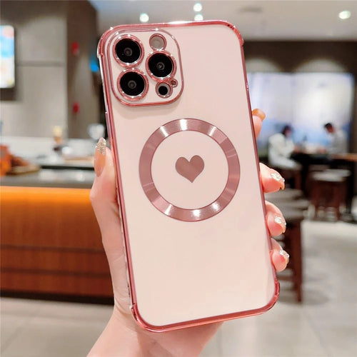 For iPhone 14 Pro Magnetic Case TPU Electroplating Edge Phone Cover Fashion Cute Side Love Heart - Rose Pink - 1