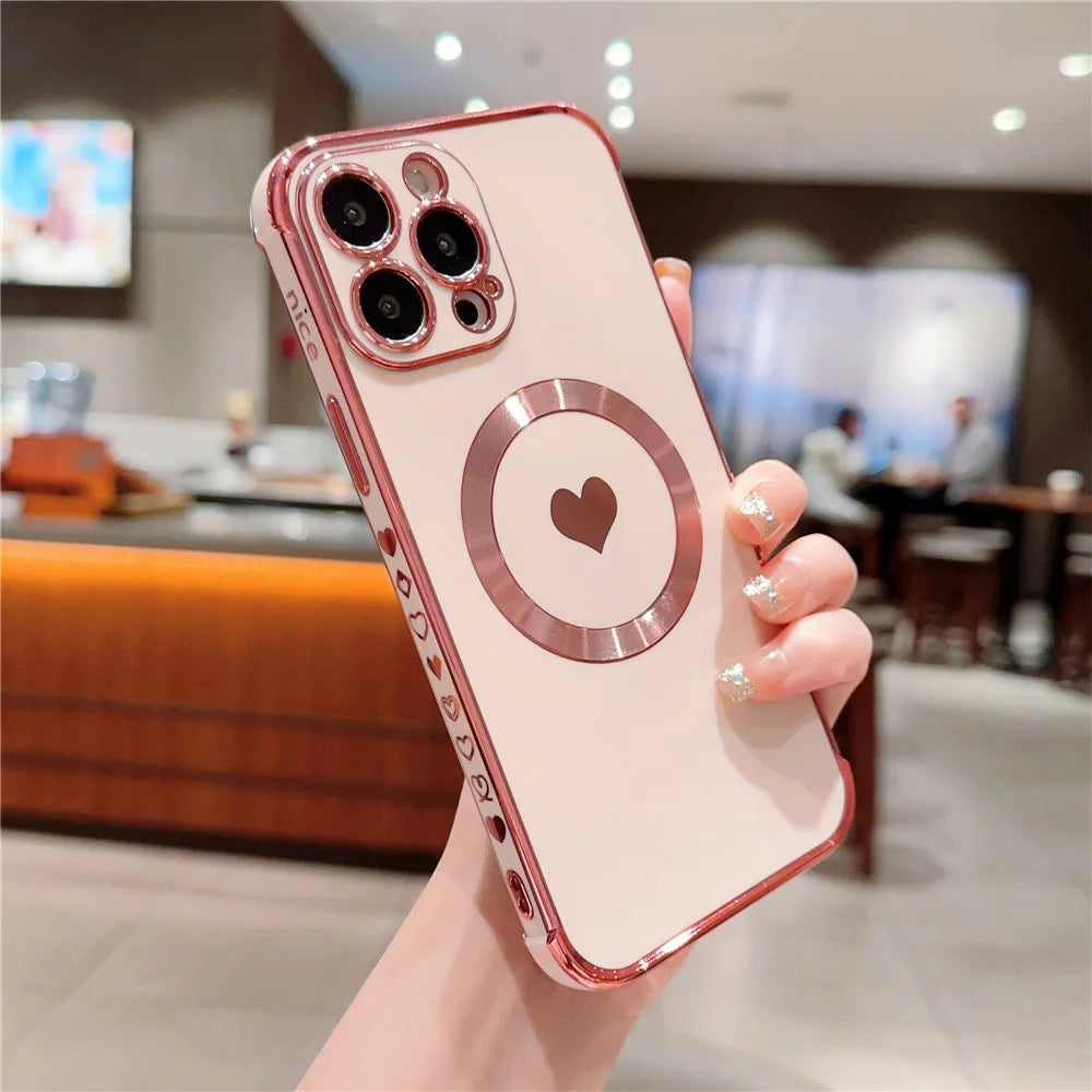For iPhone 14 Pro Magnetic Case TPU Electroplating Edge Phone Cover Fashion Cute Side Love Heart - Rose Pink - 2