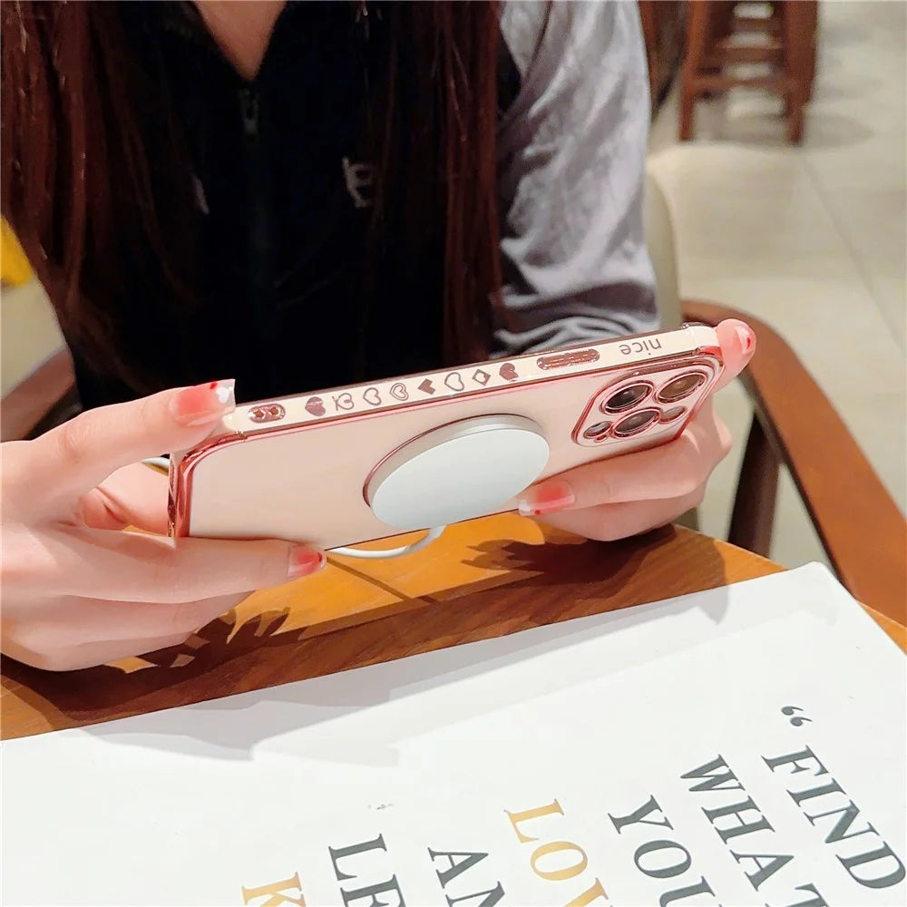 For iPhone 14 Pro Magnetic Case TPU Electroplating Edge Phone Cover Fashion Cute Side Love Heart - Rose Pink - 3