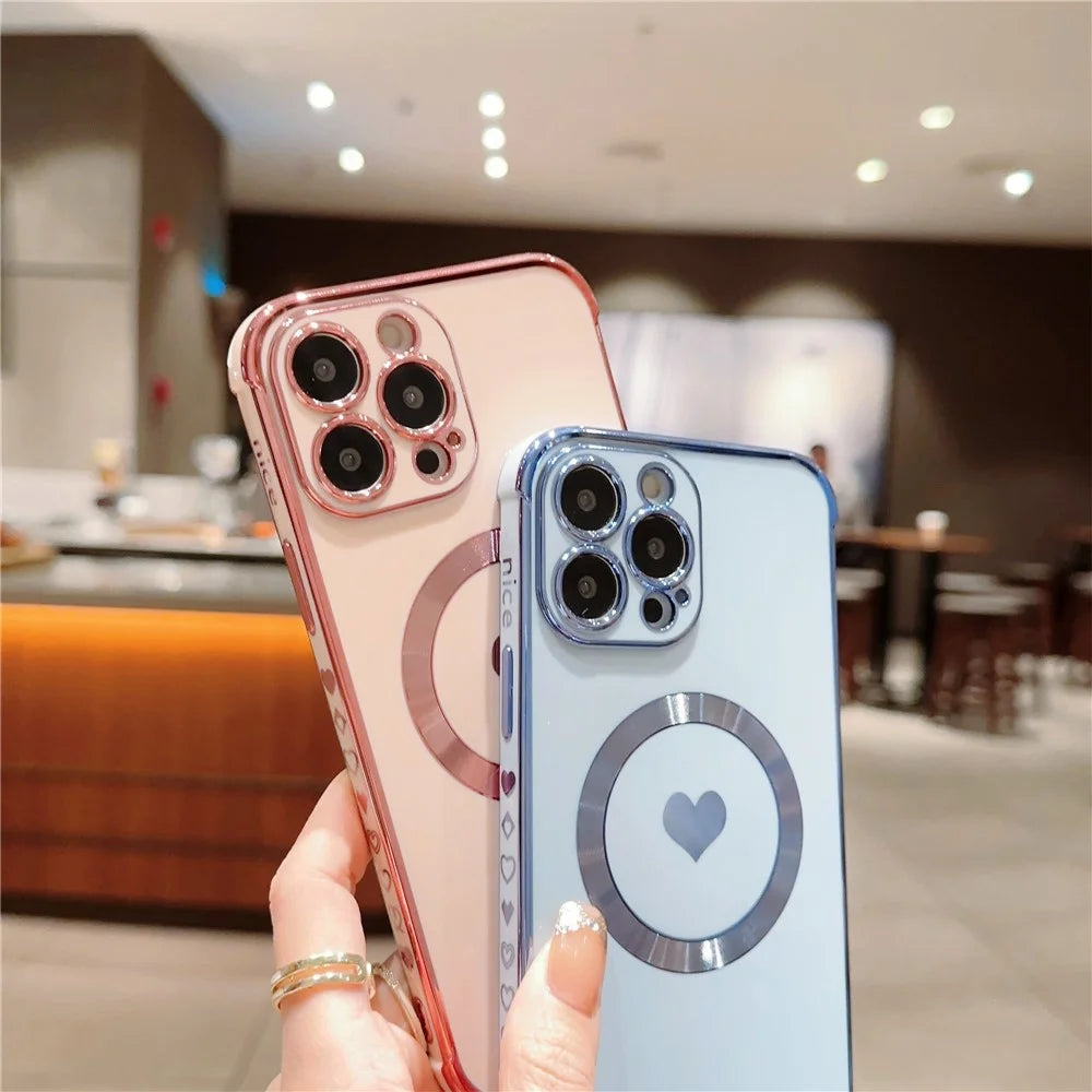 For iPhone 14 Pro Magnetic Case TPU Electroplating Edge Phone Cover Fashion Cute Side Love Heart - Rose Pink - 5