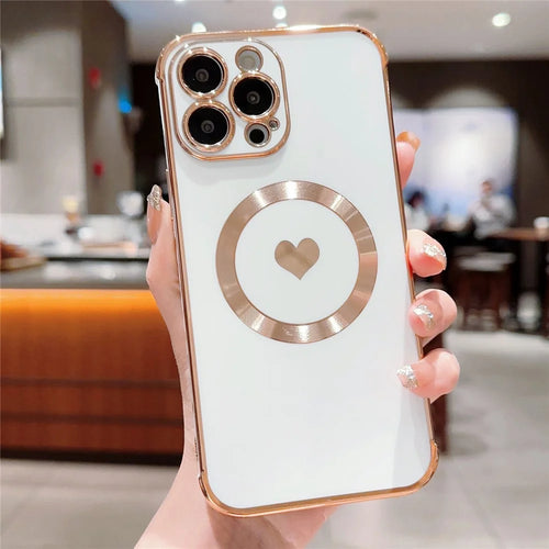 For iPhone 14 Pro Max Magnetic Case Cute Love Heart Pattern Phone Cover Flexible TPU - Ivory White - 1