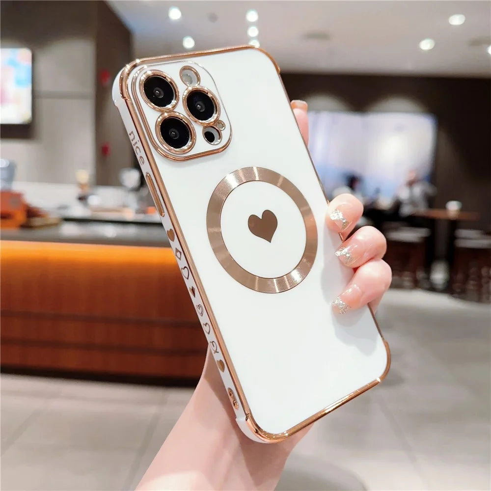For iPhone 14 Pro Max Magnetic Case Cute Love Heart Pattern Phone Cover Flexible TPU - Ivory White - 2