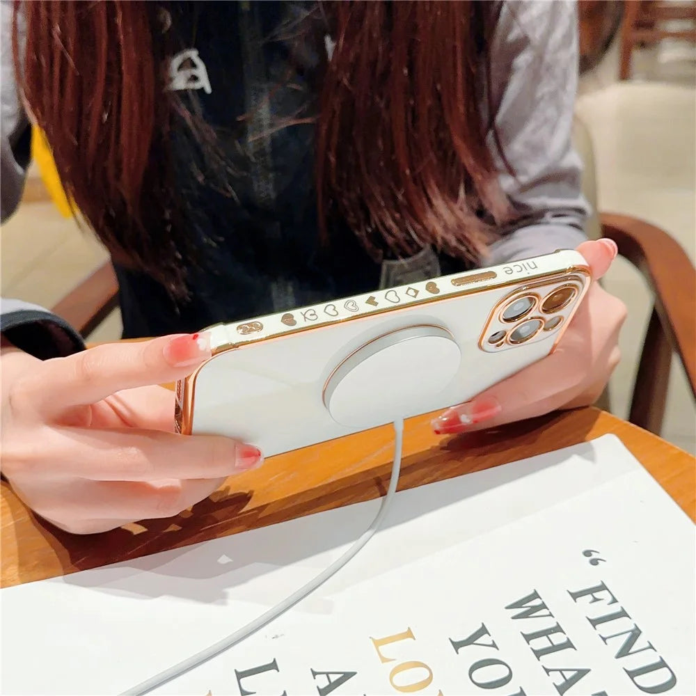 For iPhone 14 Pro Max Magnetic Case Cute Love Heart Pattern Phone Cover Flexible TPU - Ivory White - 3
