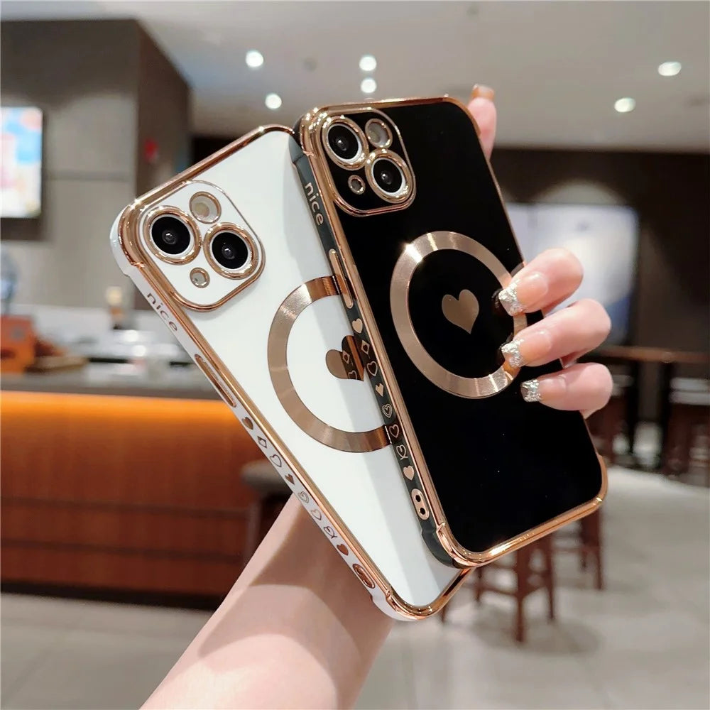 For iPhone 13 Magnetic Case Love Heart Pattern TPU Anti-Scratch Phone Cover Electroplating Edge - Black - 4