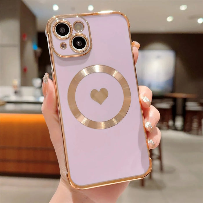 For iPhone 15 Magnetic Case Heart Pattern Electroplating TPU Phone Cover - Purple - 1