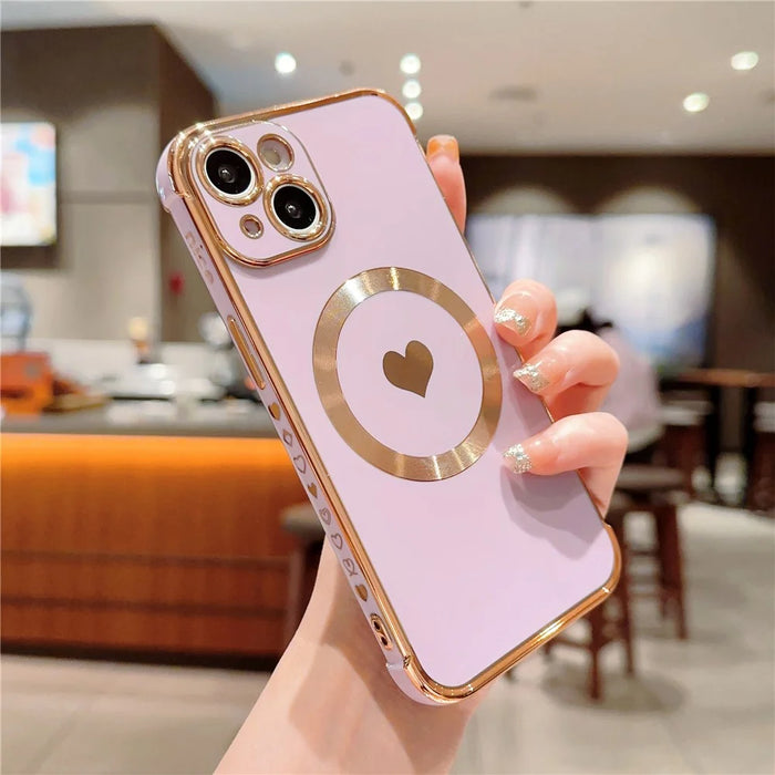 For iPhone 15 Magnetic Case Heart Pattern Electroplating TPU Phone Cover - Purple - 2