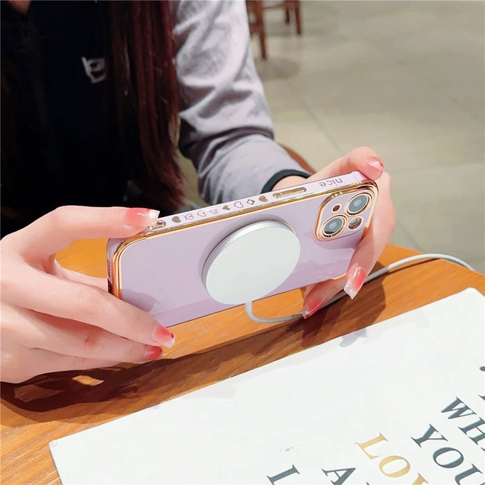 For iPhone 15 Magnetic Case Heart Pattern Electroplating TPU Phone Cover - Purple - 3