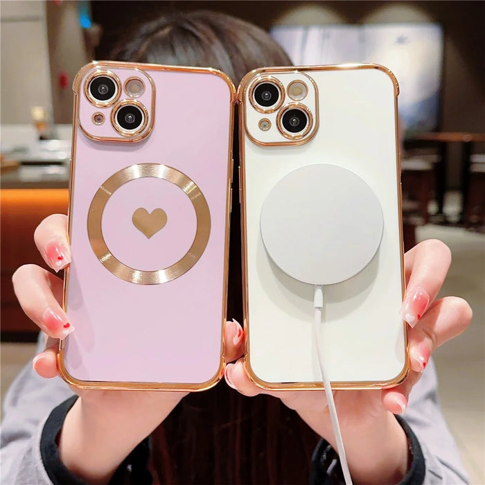 For iPhone 15 Magnetic Case Heart Pattern Electroplating TPU Phone Cover - Purple - 4