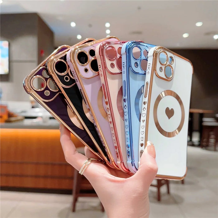 For iPhone 15 Magnetic Case Heart Pattern Electroplating TPU Phone Cover - Purple - 6